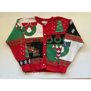 Vintage 90s Bonnie Noble Women's Size M Ugly Christmas Cardigan Button Sweater
